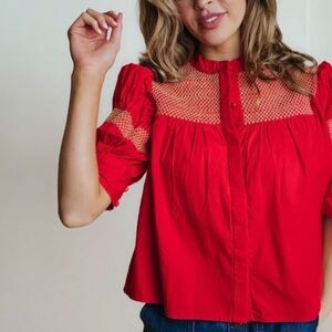 LaRoque Sutton Cotton Poplin Smocked Cuffed Sleeve Blouse Size XS